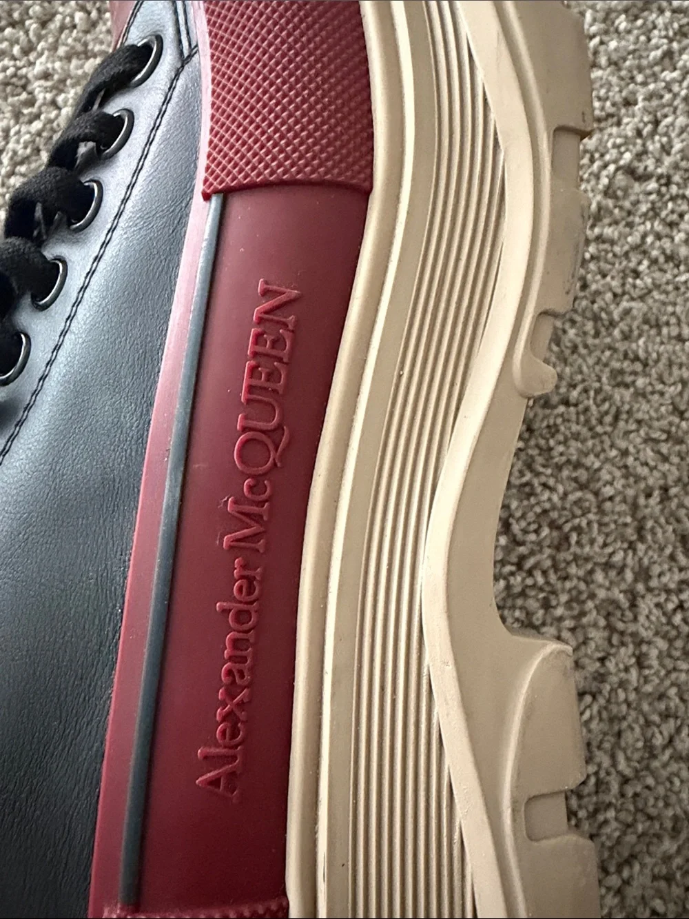 Alexander McQueen Black Leather Sneakers with Red Trim and Cream Platform